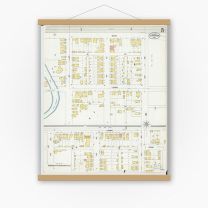 Old map wall art mockup — magnetic wood frame on white wall — Sanborn Fire Insurance Map from Dennison, Tuscarawas County, Ohio (1901), Sheet #0005
