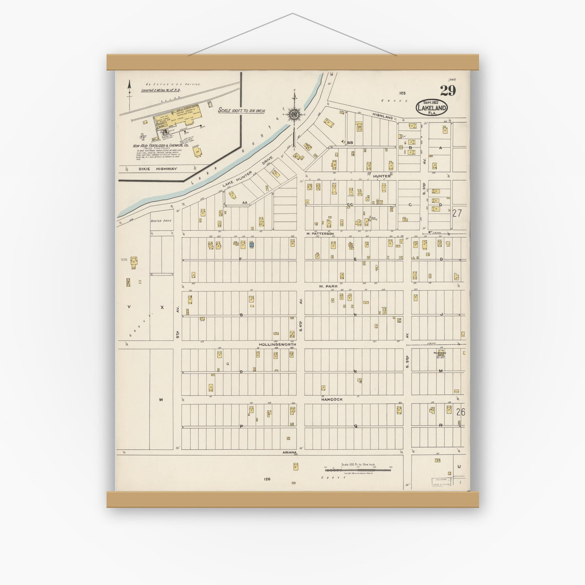 Old map wall art mockup — magnetic wood frame on white wall — Sanborn Fire Insurance Map from Lakeland, Polk County, Florida (1922), Sheet #0029