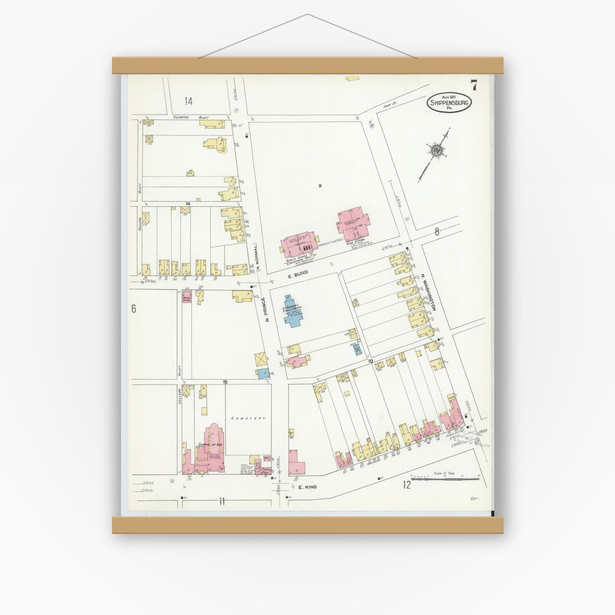 Old map wall art mockup — magnetic wood frame on white wall — Sanborn Fire Insurance Map from Shippensburg, Cumberland And Franklin Counties, Pennsylvania (1910), Sheet #0007