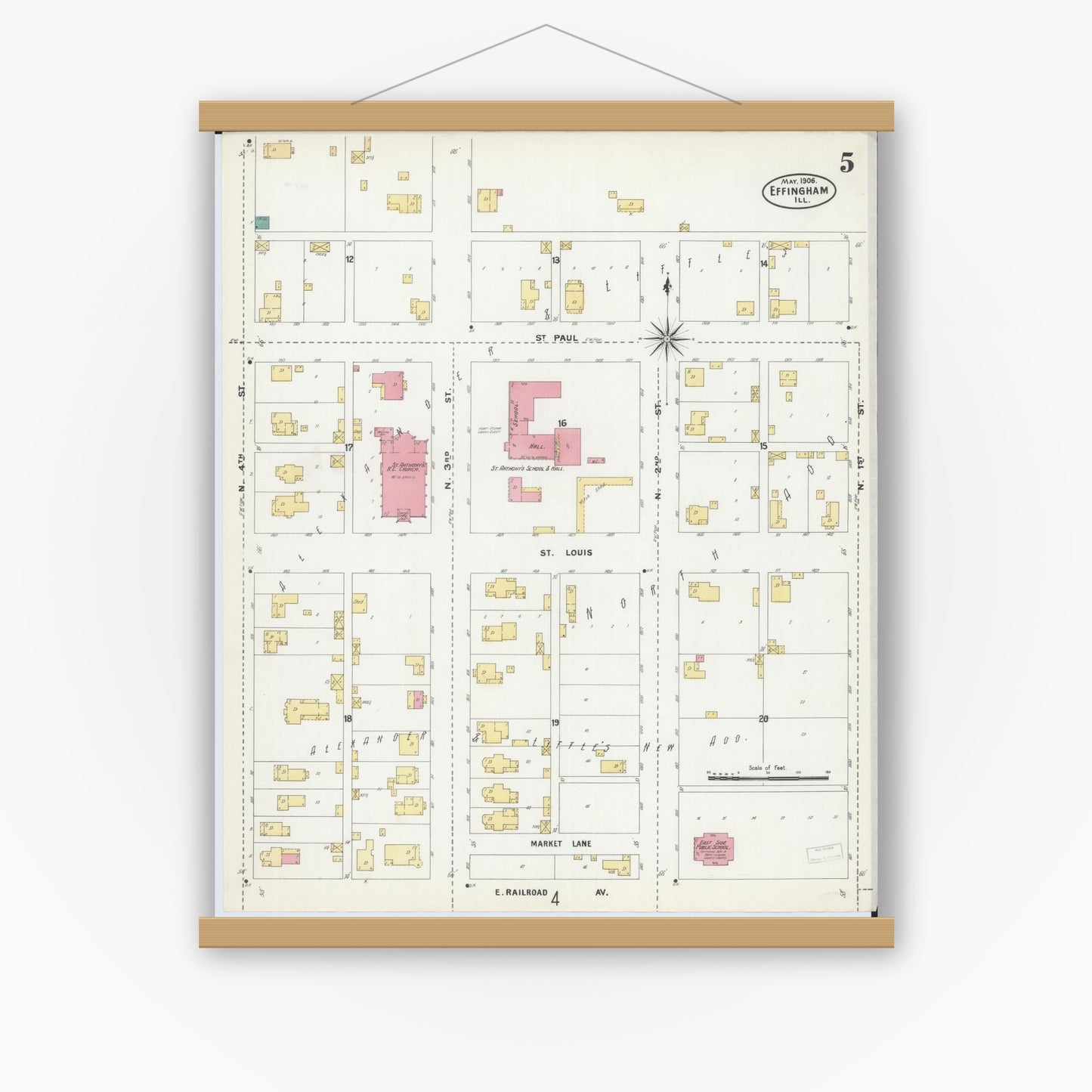 Old map wall art mockup — magnetic wood frame on white wall — Sanborn Fire Insurance Map from Effingham, Effingham County, Illinois (1906), Sheet #0005