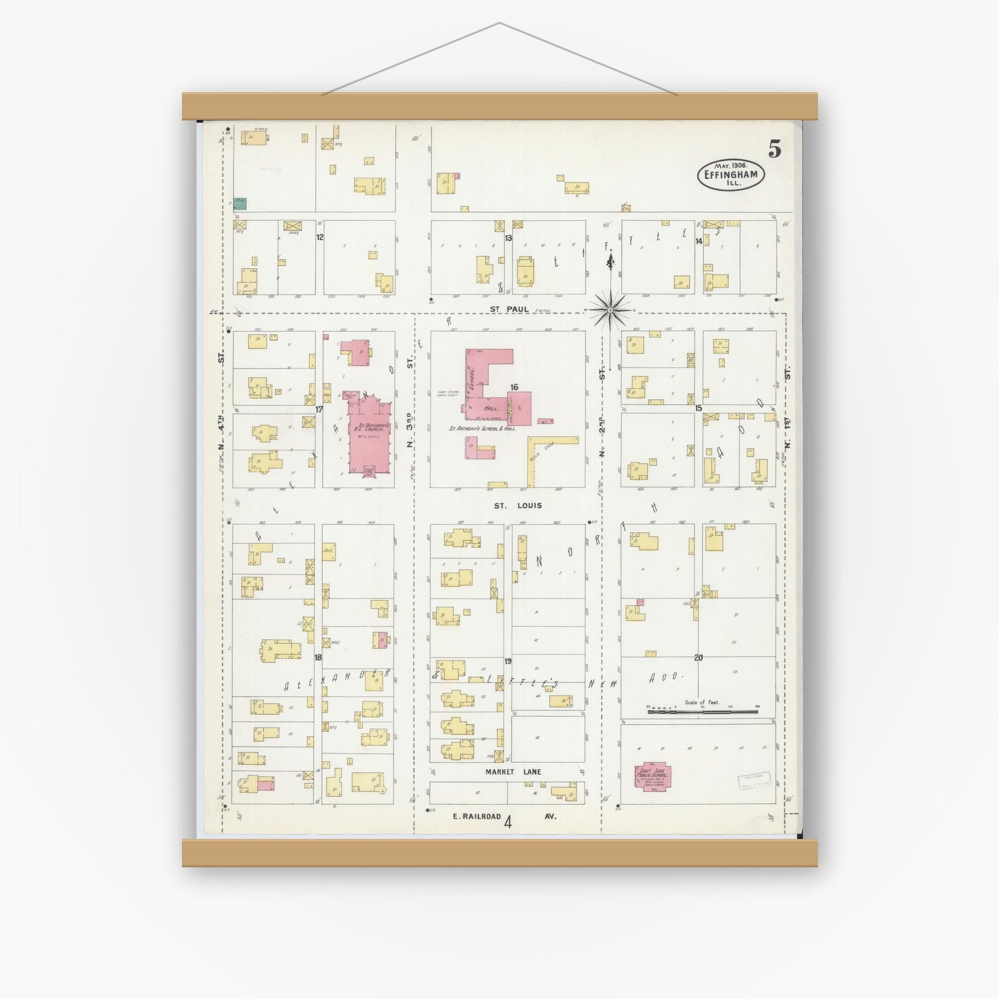 Old map wall art mockup — magnetic wood frame on white wall — Sanborn Fire Insurance Map from Effingham, Effingham County, Illinois (1906), Sheet #0005