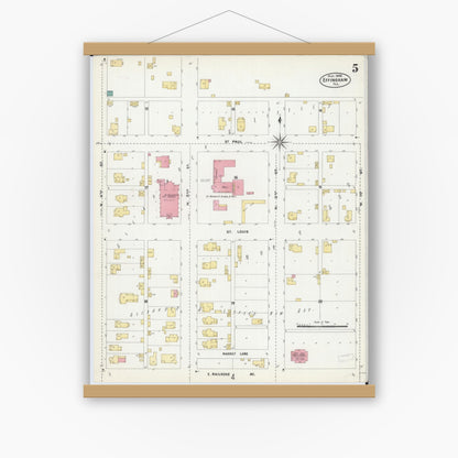 Old map wall art mockup — magnetic wood frame on white wall — Sanborn Fire Insurance Map from Effingham, Effingham County, Illinois (1906), Sheet #0005