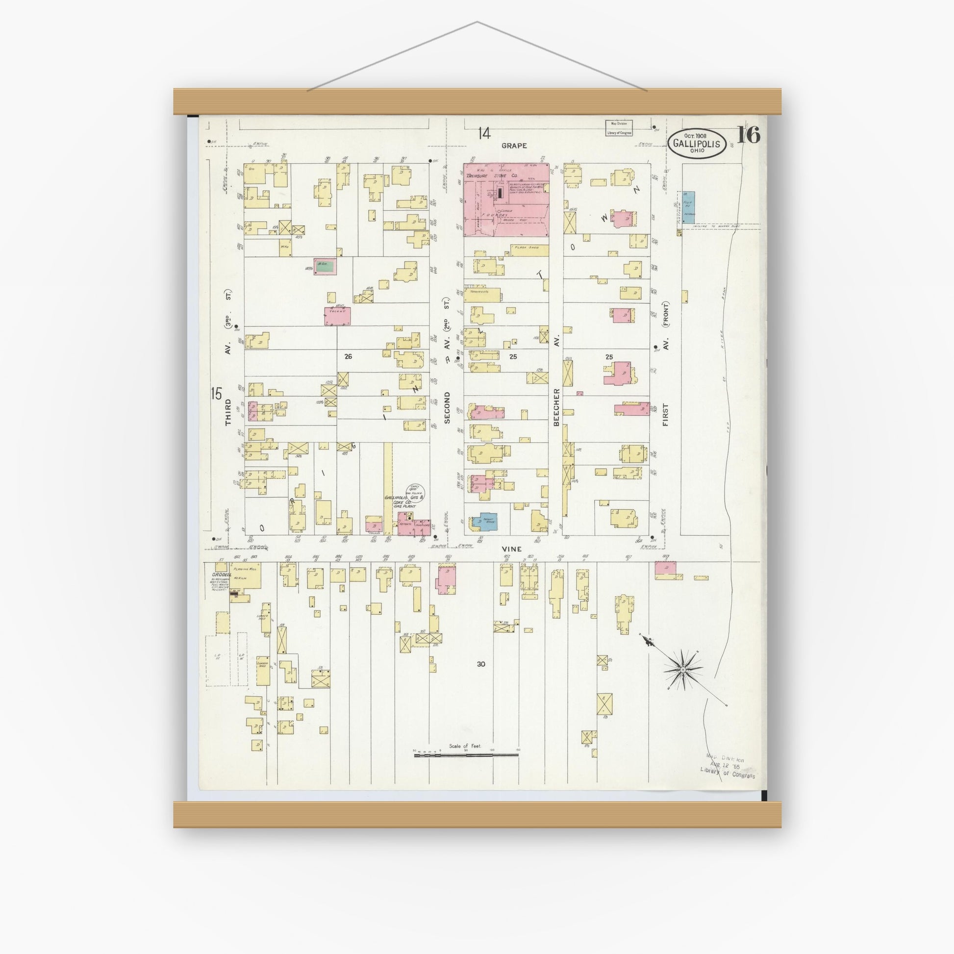 Old map wall art mockup — magnetic wood frame on white wall — Sanborn Fire Insurance Map from Gallipolis, Gallia County, Ohio (1908), Sheet #0016