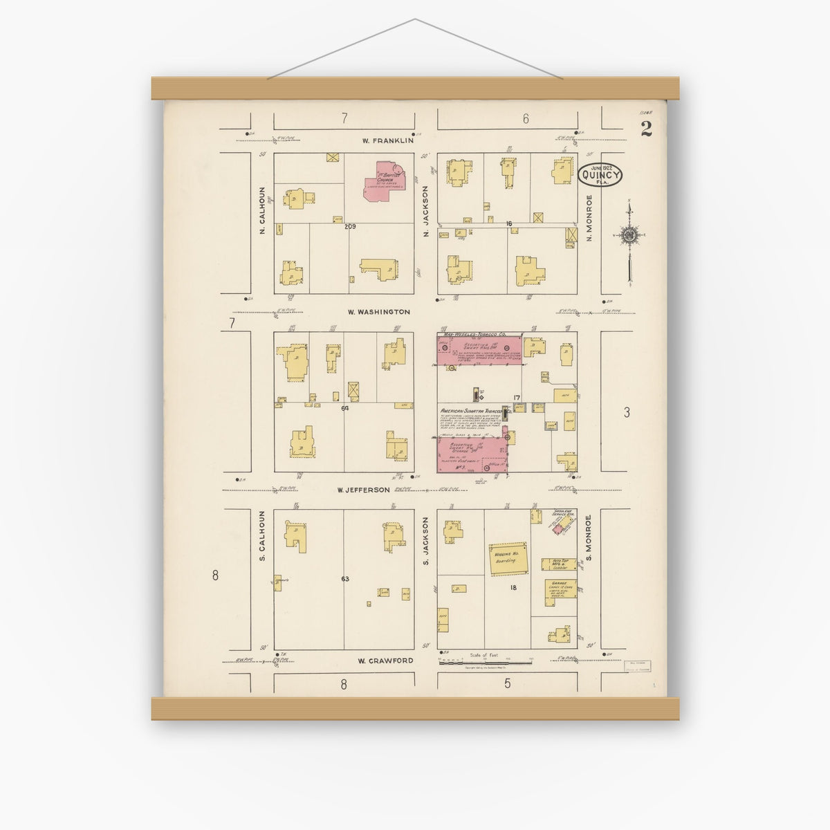 Old map wall art mockup — magnetic wood frame on white wall — Sanborn Fire Insurance Map from Quincy, Gadsden County, Florida (1922), Sheet #0002