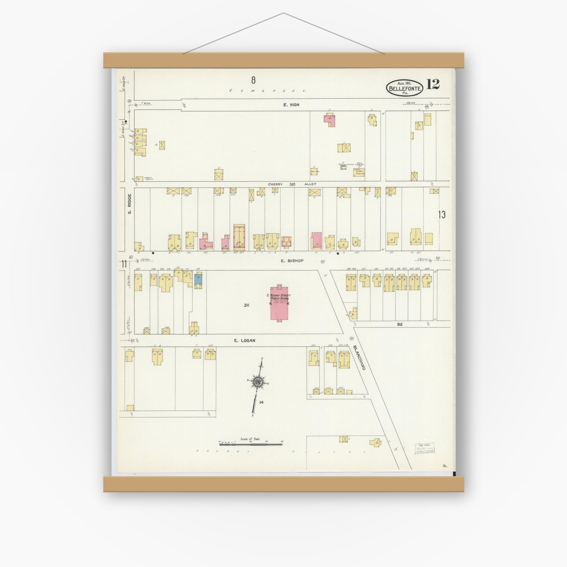 Old map wall art mockup — magnetic wood frame on white wall — Sanborn Fire Insurance Map from Bellefonte, Centre County, Pennsylvania (1911), Sheet #0012