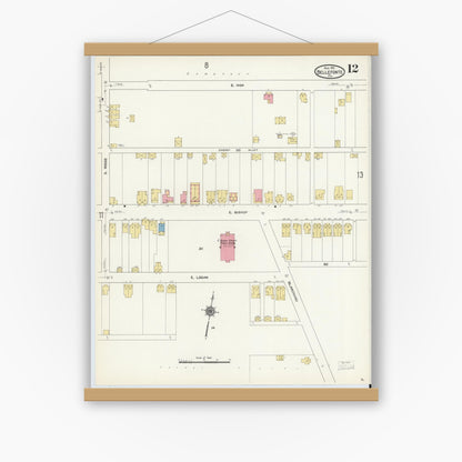 Old map wall art mockup — magnetic wood frame on white wall — Sanborn Fire Insurance Map from Bellefonte, Centre County, Pennsylvania (1911), Sheet #0012