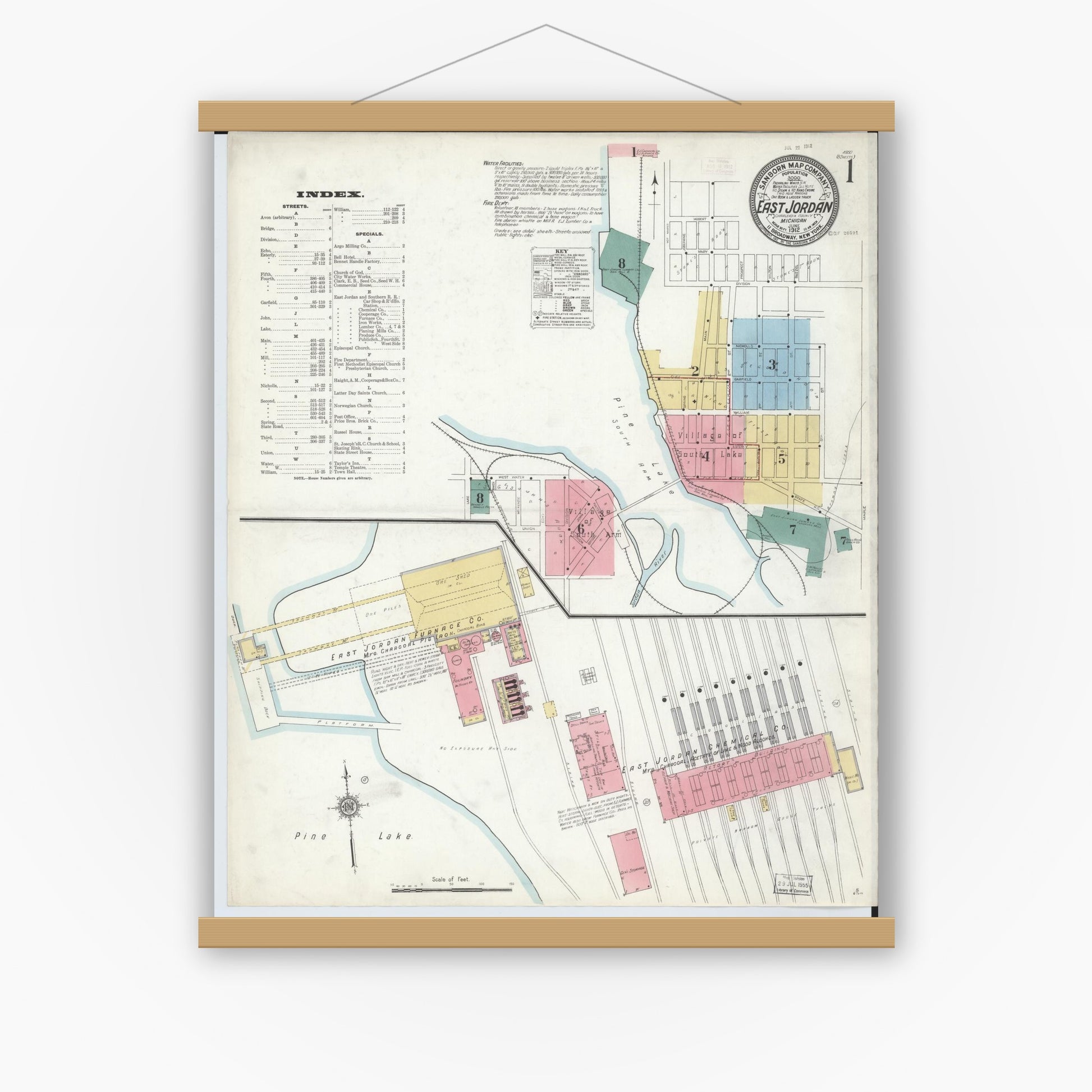 Old map wall art mockup — magnetic wood frame on white wall — Sanborn Fire Insurance Map from East Jordan, Charlevoix County, Michigan (1912) - Complete Map Set