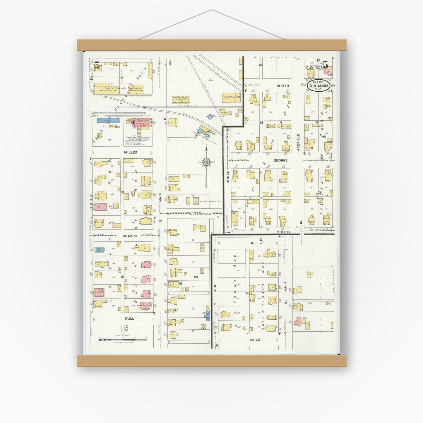 Old map wall art mockup — magnetic wood frame on white wall — Sanborn Fire Insurance Map from Arcanum, Darke County, Ohio (1926), Sheet #0005