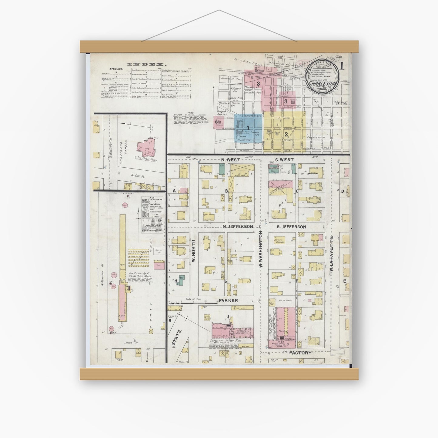 Old map wall art mockup — magnetic wood frame on white wall — Sanborn Fire Insurance Map from Charleston, Coles County, Illinois (1892), Sheet #0001