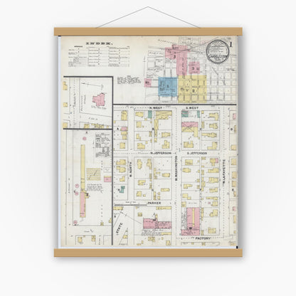 Old map wall art mockup — magnetic wood frame on white wall — Sanborn Fire Insurance Map from Charleston, Coles County, Illinois (1892), Sheet #0001