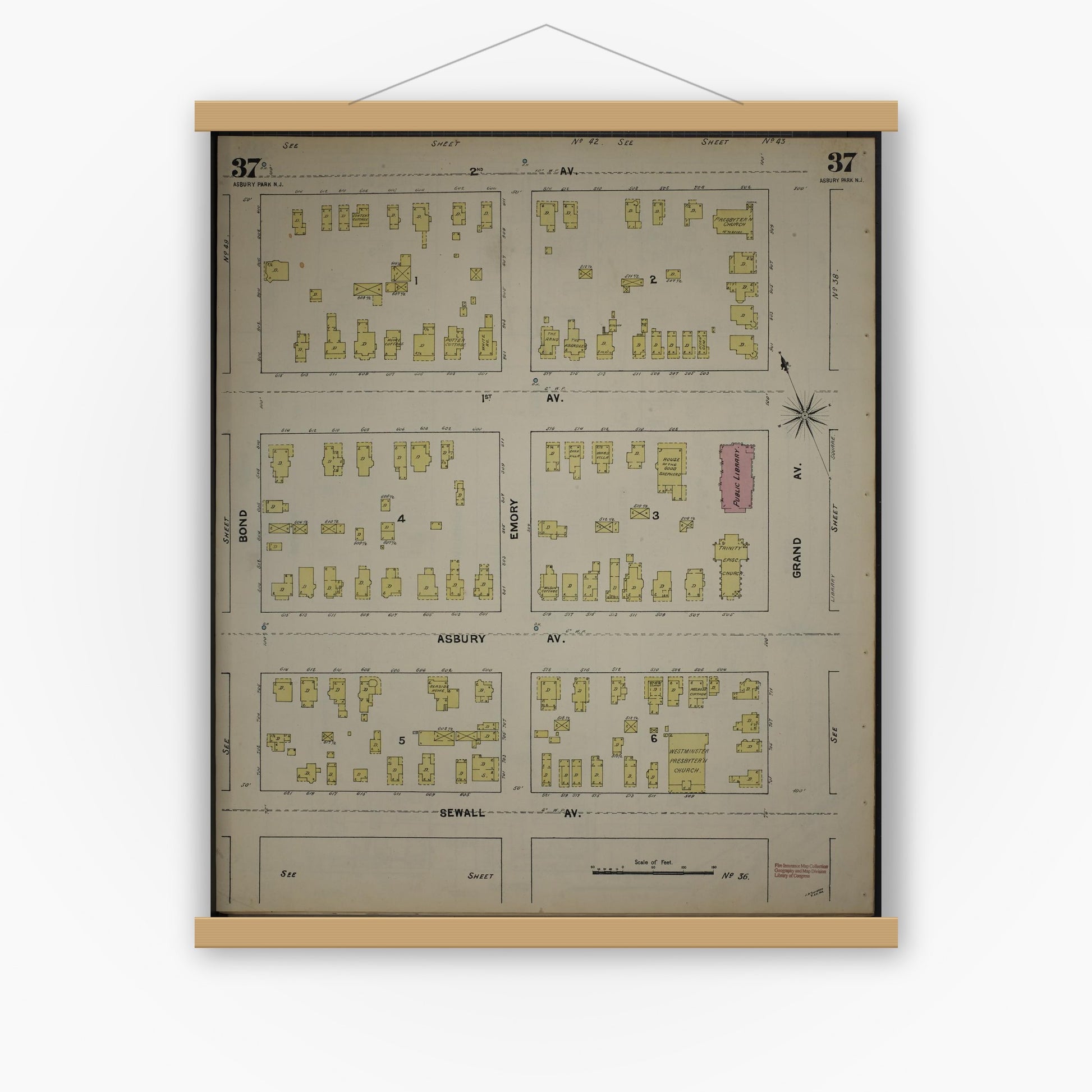 Old map wall art mockup — magnetic wood frame on white wall — Sanborn Fire Insurance Map from New Jersey Coast, New Jersey Coast, New Jersey (1890), Sheet #0037