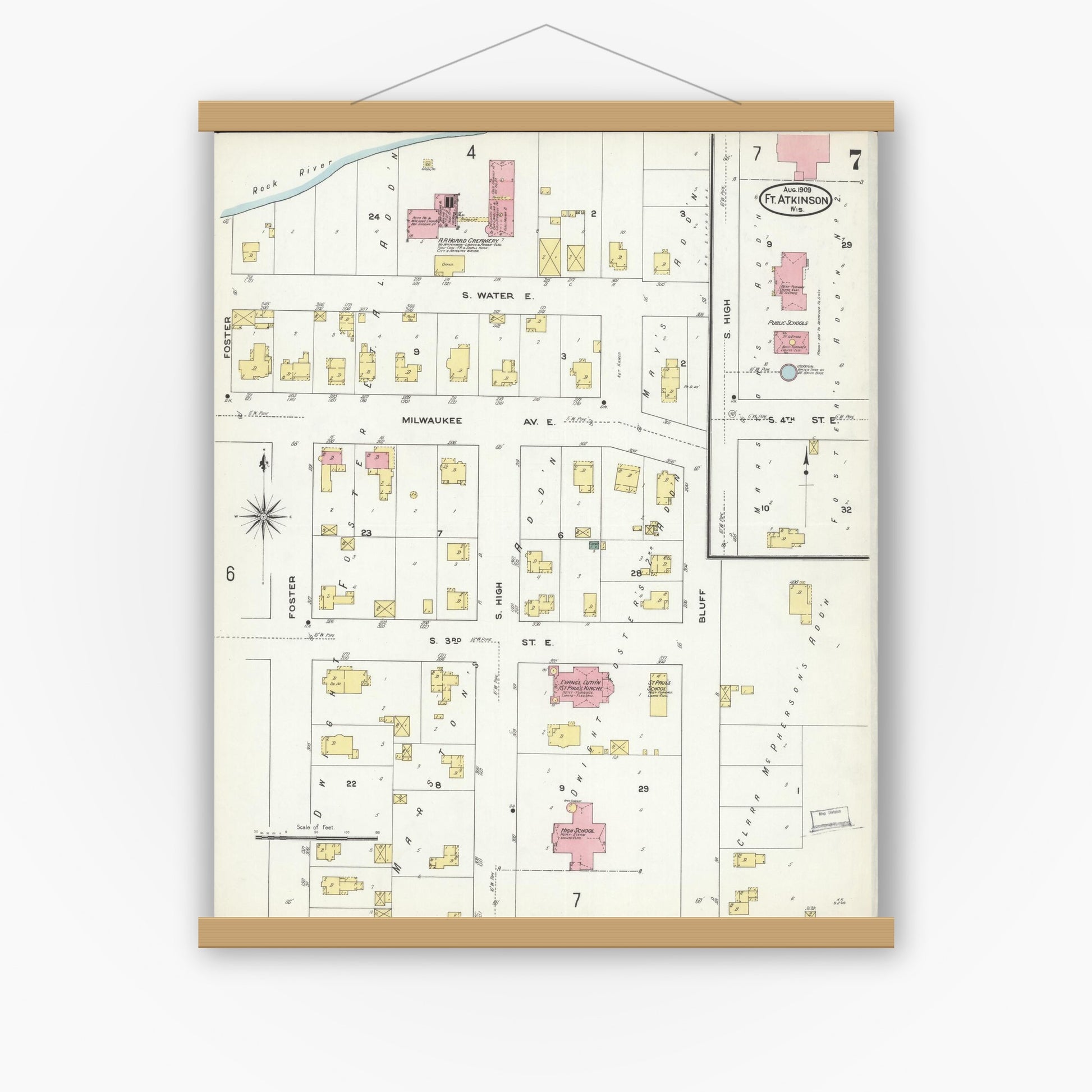 Old map wall art mockup — magnetic wood frame on white wall — Sanborn Fire Insurance Map from Fort Atkinson, Jefferson County, Wisconsin (1909), Sheet #0007