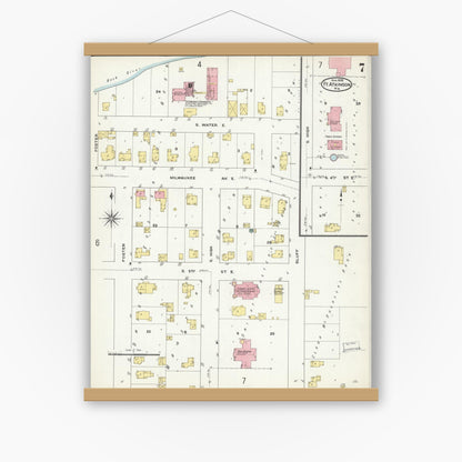 Old map wall art mockup — magnetic wood frame on white wall — Sanborn Fire Insurance Map from Fort Atkinson, Jefferson County, Wisconsin (1909), Sheet #0007