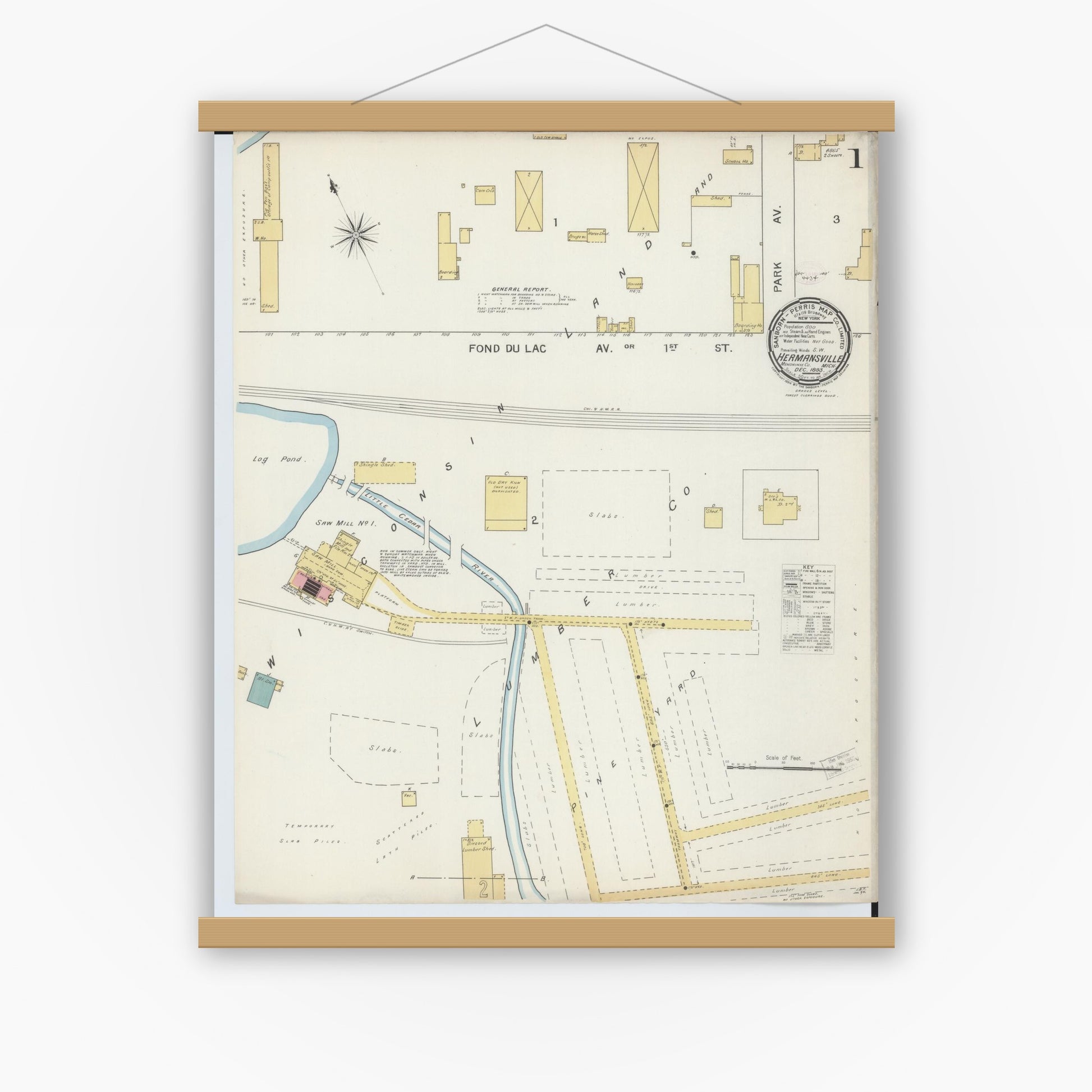 Old map wall art mockup — magnetic wood frame on white wall — Sanborn Fire Insurance Map from Hermansville, Menominee County, Michigan (1893) - Complete Map Set