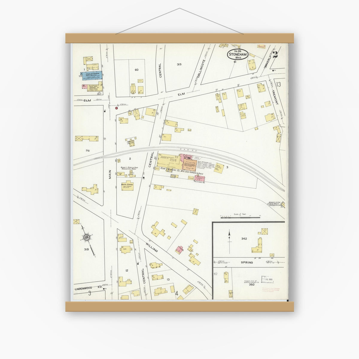Old map wall art mockup — magnetic wood frame on white wall — Sanborn Fire Insurance Map from Stoneham, Middlesex County, Massachusetts (1916), Sheet #0002