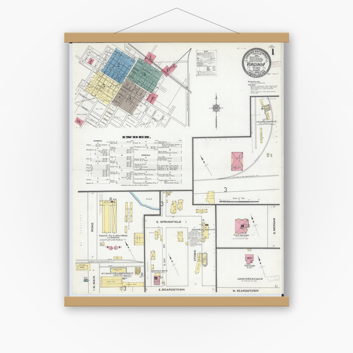 Old map wall art mockup — magnetic wood frame on white wall — Sanborn Fire Insurance Map from Virginia, Cass County, Illinois (1909), Sheet #0001