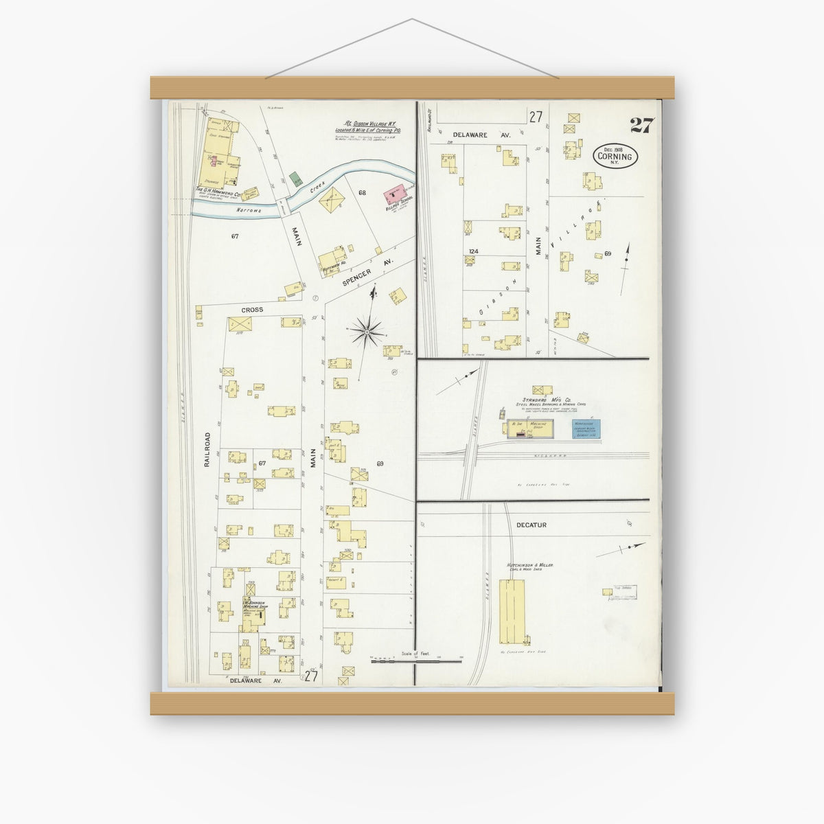 Old map wall art mockup — magnetic wood frame on white wall — Sanborn Fire Insurance Map from Corning, Steuben County, New York (1908), Sheet #0027