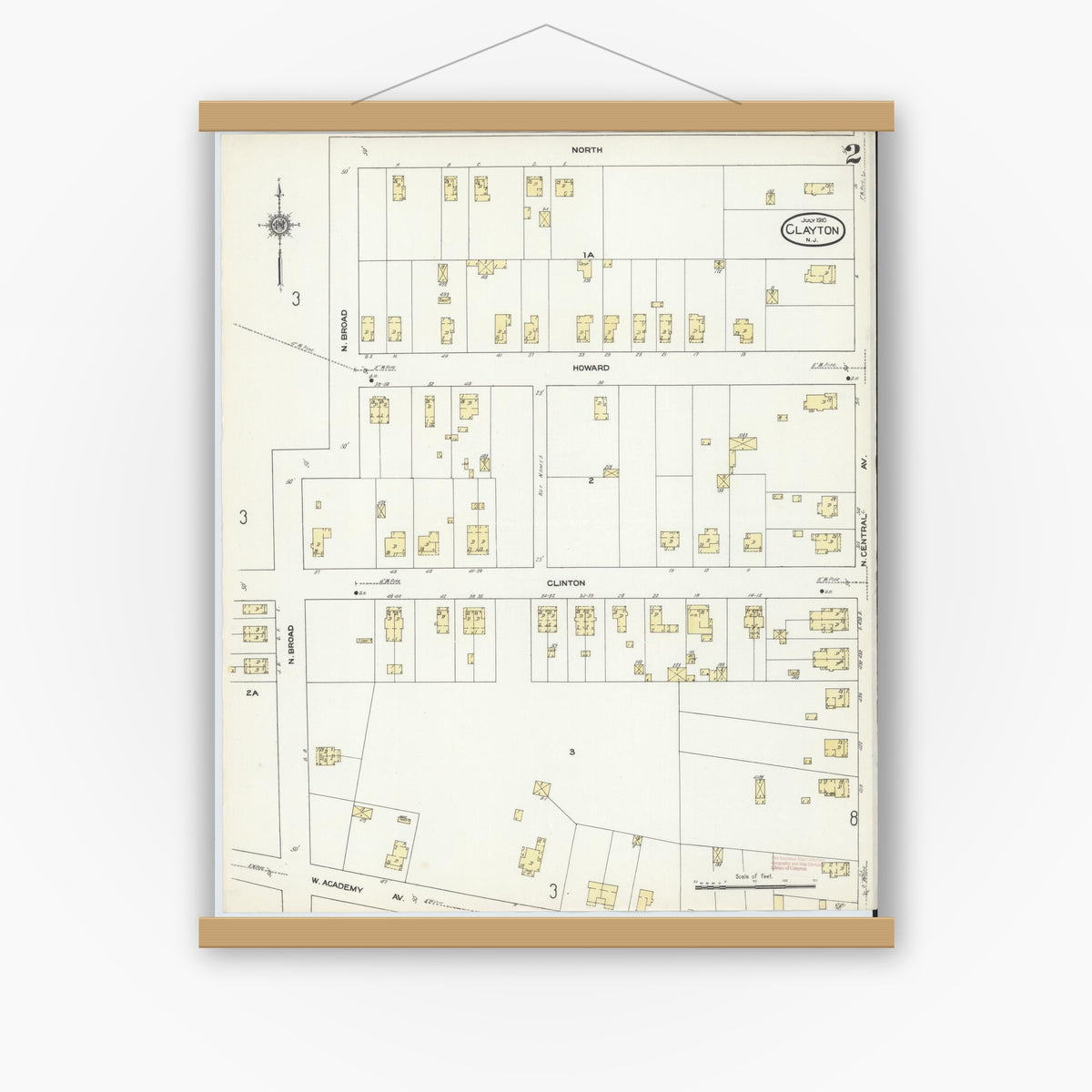 Old map wall art mockup — magnetic wood frame on white wall — Sanborn Fire Insurance Map from Clayton, Gloucester County, New Jersey (1910), Sheet #0002