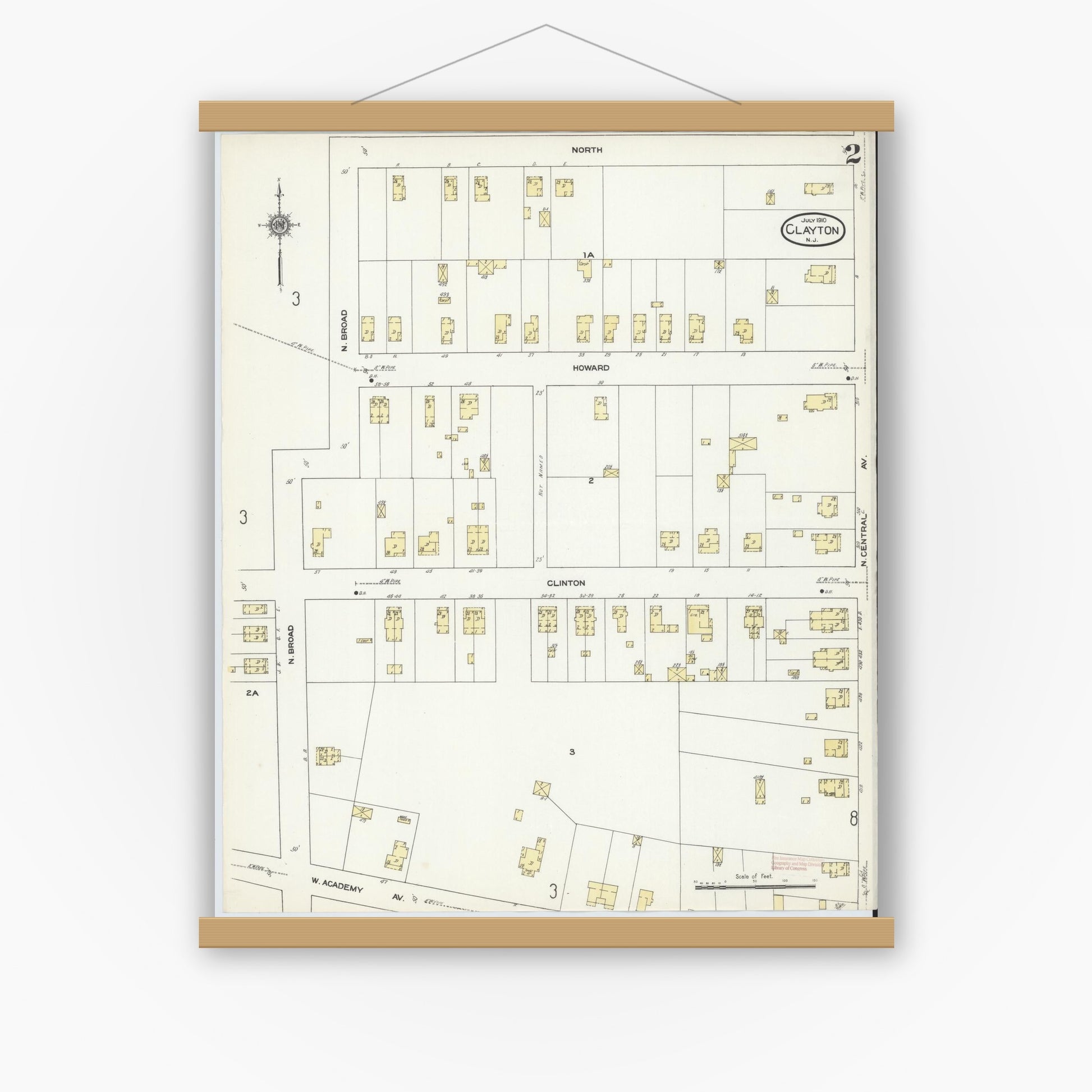 Old map wall art mockup — magnetic wood frame on white wall — Sanborn Fire Insurance Map from Clayton, Gloucester County, New Jersey (1910), Sheet #0002