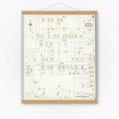Old map wall art mockup — magnetic wood frame on white wall — Sanborn Fire Insurance Map from Clayton, Gloucester County, New Jersey (1910), Sheet #0002
