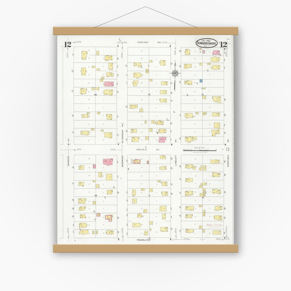 Old map wall art mockup — magnetic wood frame on white wall — Sanborn Fire Insurance Map from Downers Grove, Dupage County, Illinois (1927), Sheet #0012