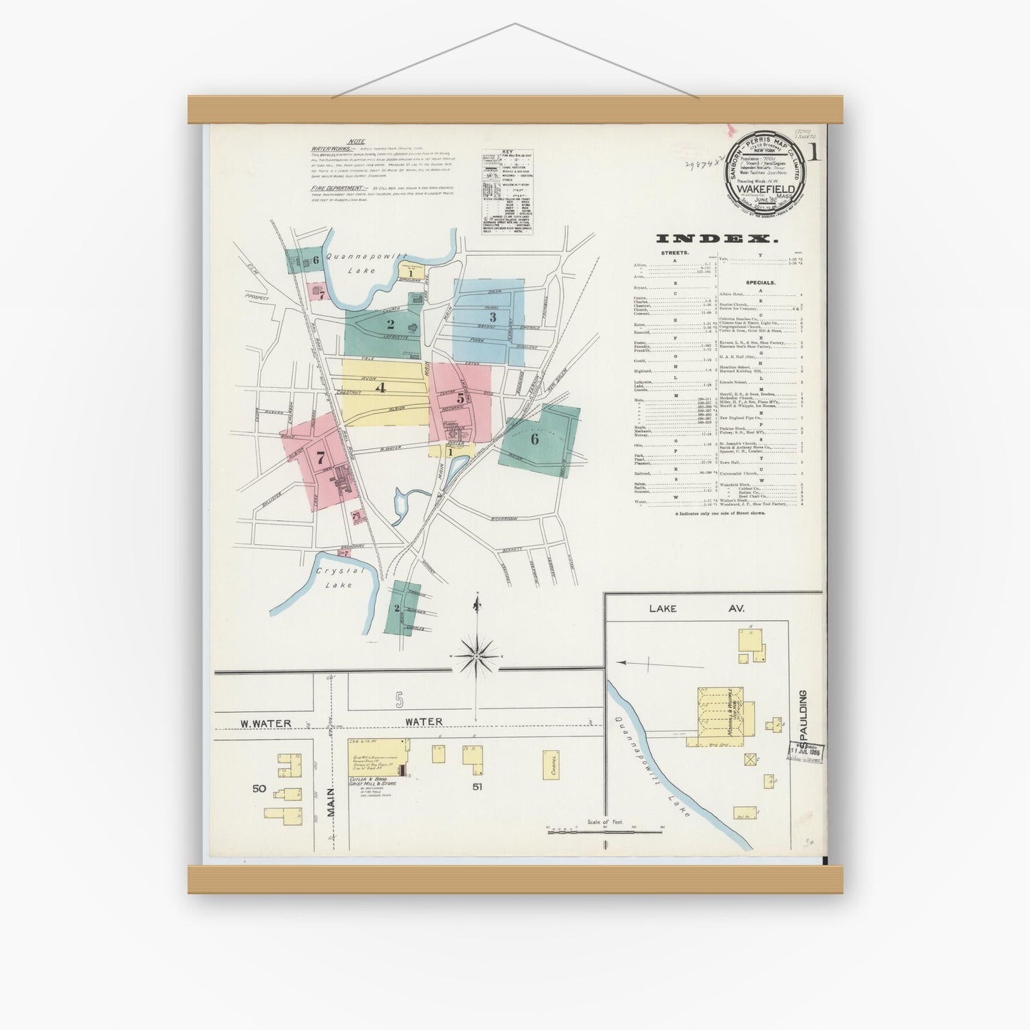 Old map wall art mockup — magnetic wood frame on white wall — Sanborn Fire Insurance Map from Wakefield, Middlesex County, Massachusetts (1892), Sheet #0001