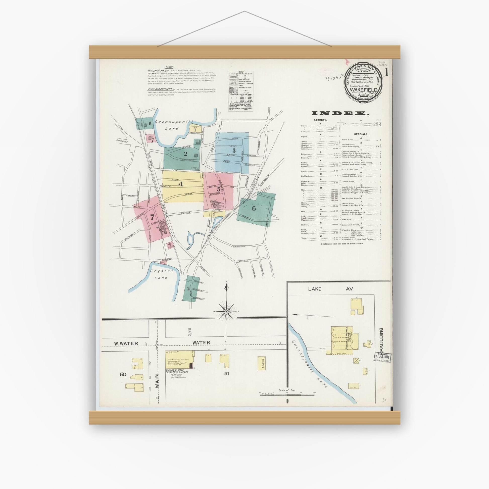 Old map wall art mockup — magnetic wood frame on white wall — Sanborn Fire Insurance Map from Wakefield, Middlesex County, Massachusetts (1892), Sheet #0001