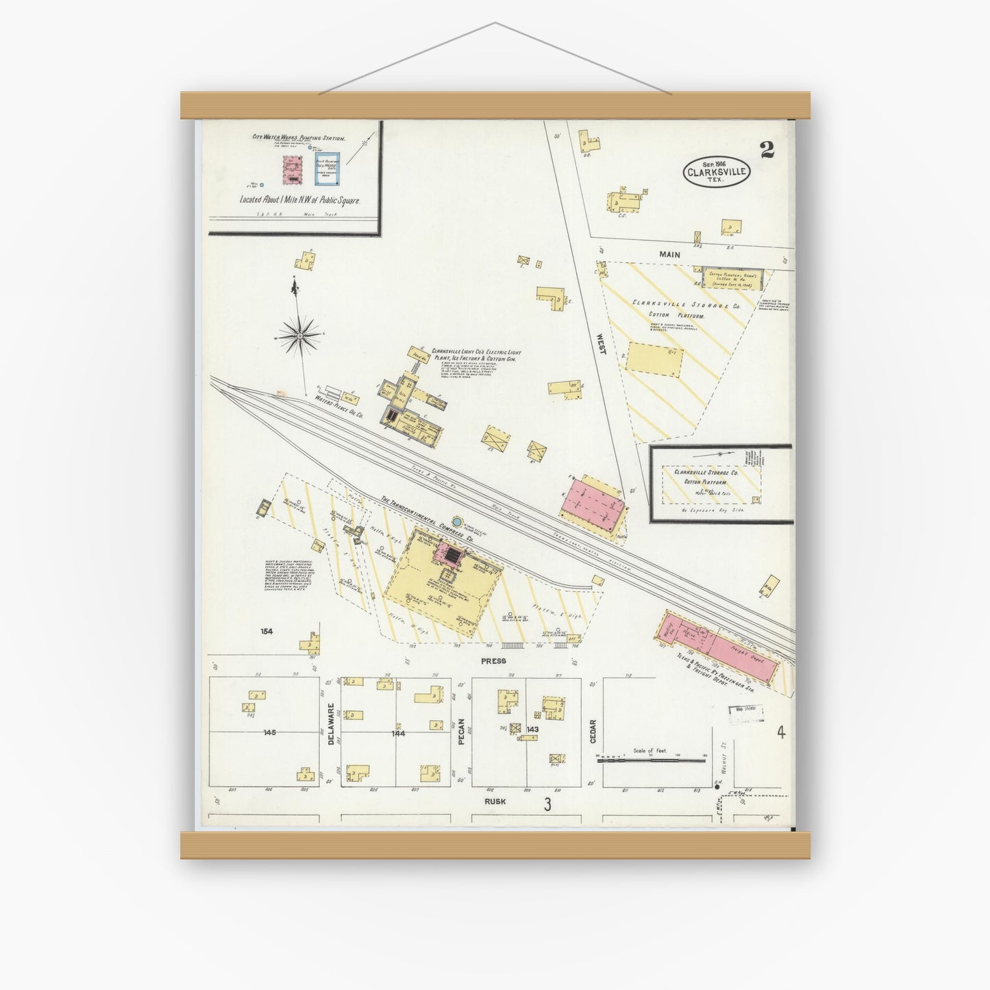 Old map wall art mockup — magnetic wood frame on white wall — Sanborn Fire Insurance Map from Clarksville, Red River County, Texas (1906), Sheet #0002