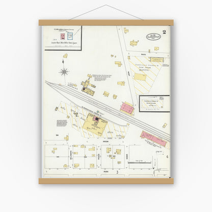 Old map wall art mockup — magnetic wood frame on white wall — Sanborn Fire Insurance Map from Clarksville, Red River County, Texas (1906), Sheet #0002