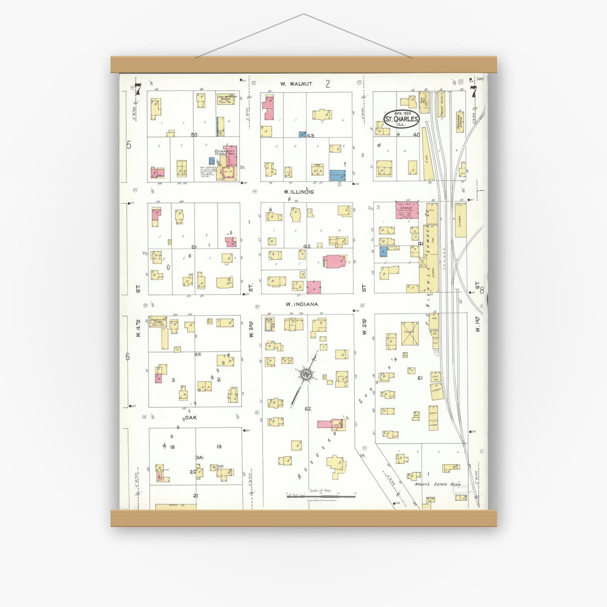 Old map wall art mockup — magnetic wood frame on white wall — Sanborn Fire Insurance Map from Saint Charles, Kane County, Illinois (1923), Sheet #0007
