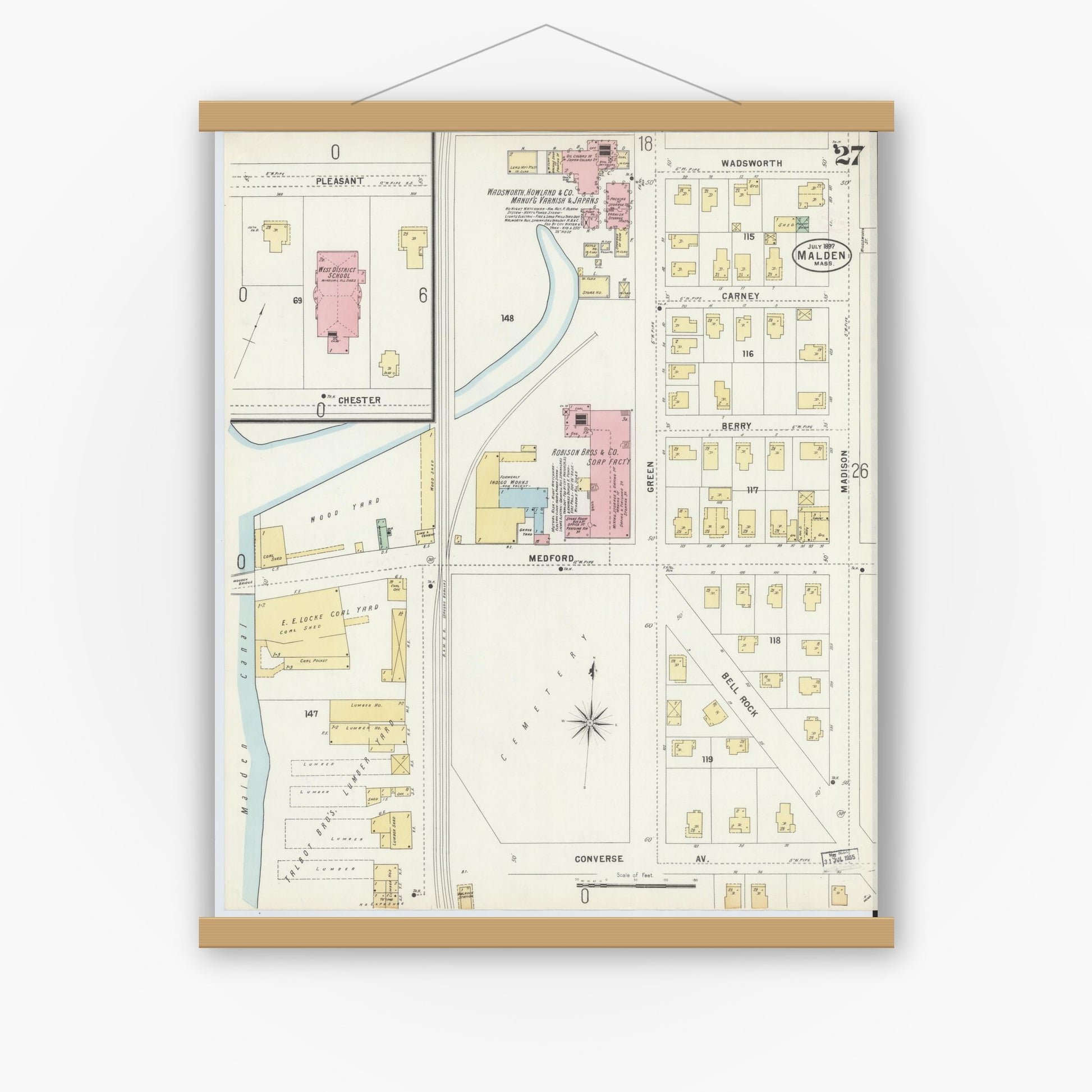 Old map wall art mockup — magnetic wood frame on white wall — Sanborn Fire Insurance Map from Malden, Middlesex County, Massachusetts (1897), Sheet #0027
