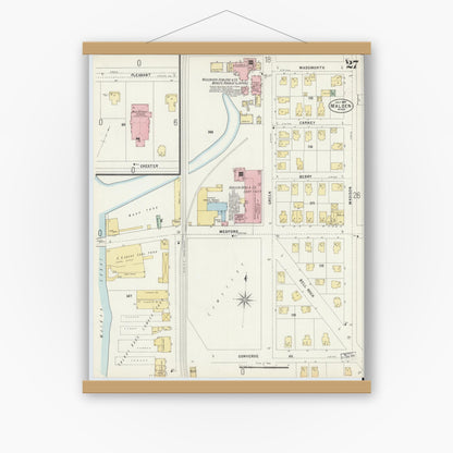 Old map wall art mockup — magnetic wood frame on white wall — Sanborn Fire Insurance Map from Malden, Middlesex County, Massachusetts (1897), Sheet #0027