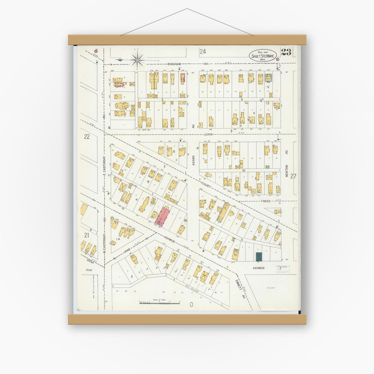Old map wall art mockup — magnetic wood frame on white wall — Sanborn Fire Insurance Map from Sault Sainte Marie, Chippewa County, Michigan (1906), Sheet #0023