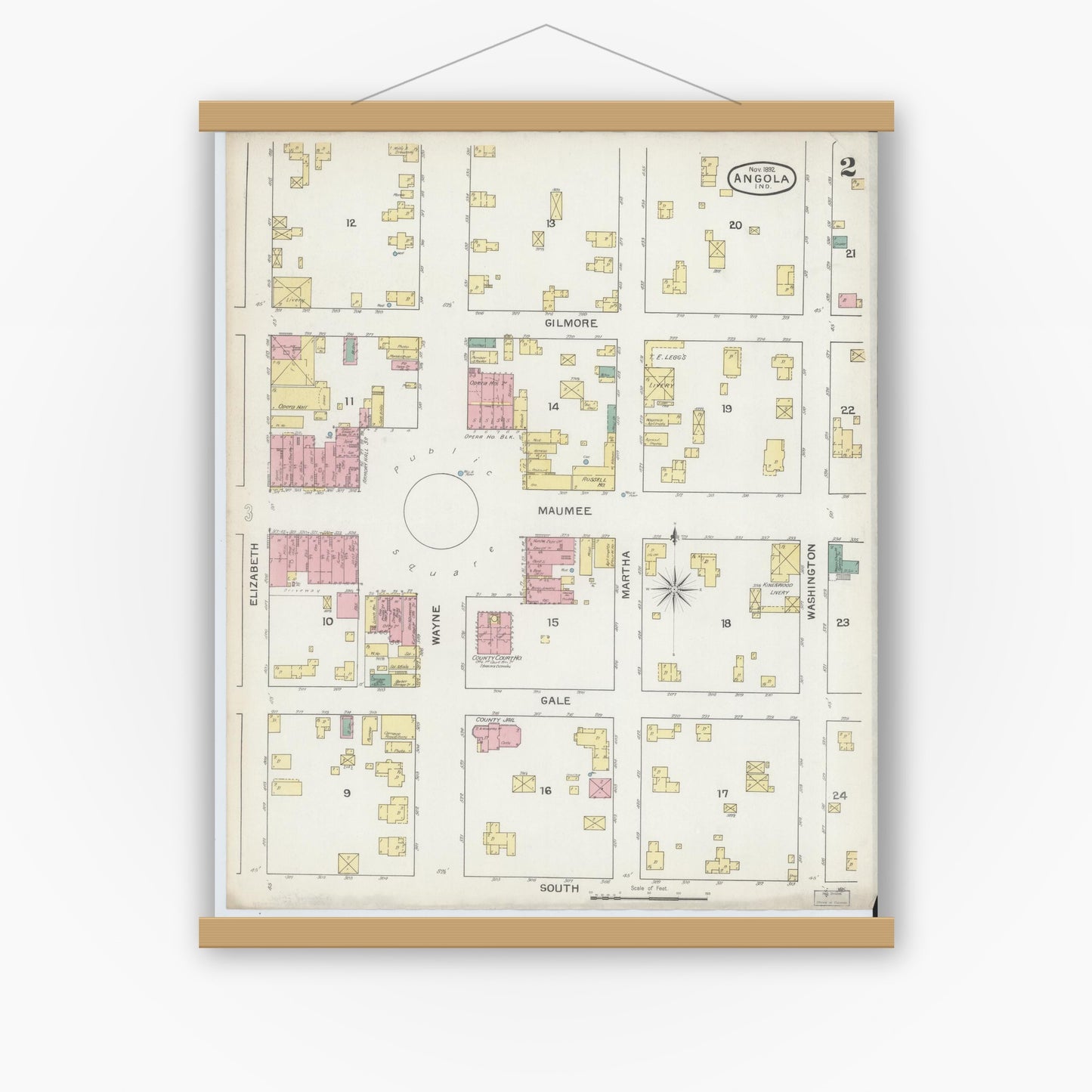 Old map wall art mockup — magnetic wood frame on white wall — Sanborn Fire Insurance Map from Angola, Steuben County, Indiana (1892), Sheet #0002