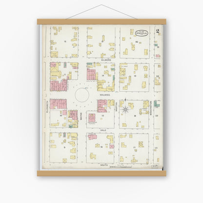 Old map wall art mockup — magnetic wood frame on white wall — Sanborn Fire Insurance Map from Angola, Steuben County, Indiana (1892), Sheet #0002