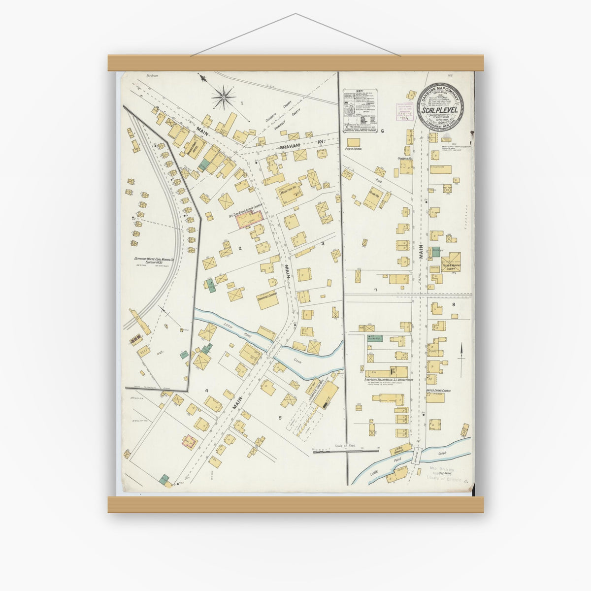 Old map wall art mockup — magnetic wood frame on white wall — Sanborn Fire Insurance Map from Scalp Level, Somerset And Cambria County, Pennsylvania (1904), Sheet #0001