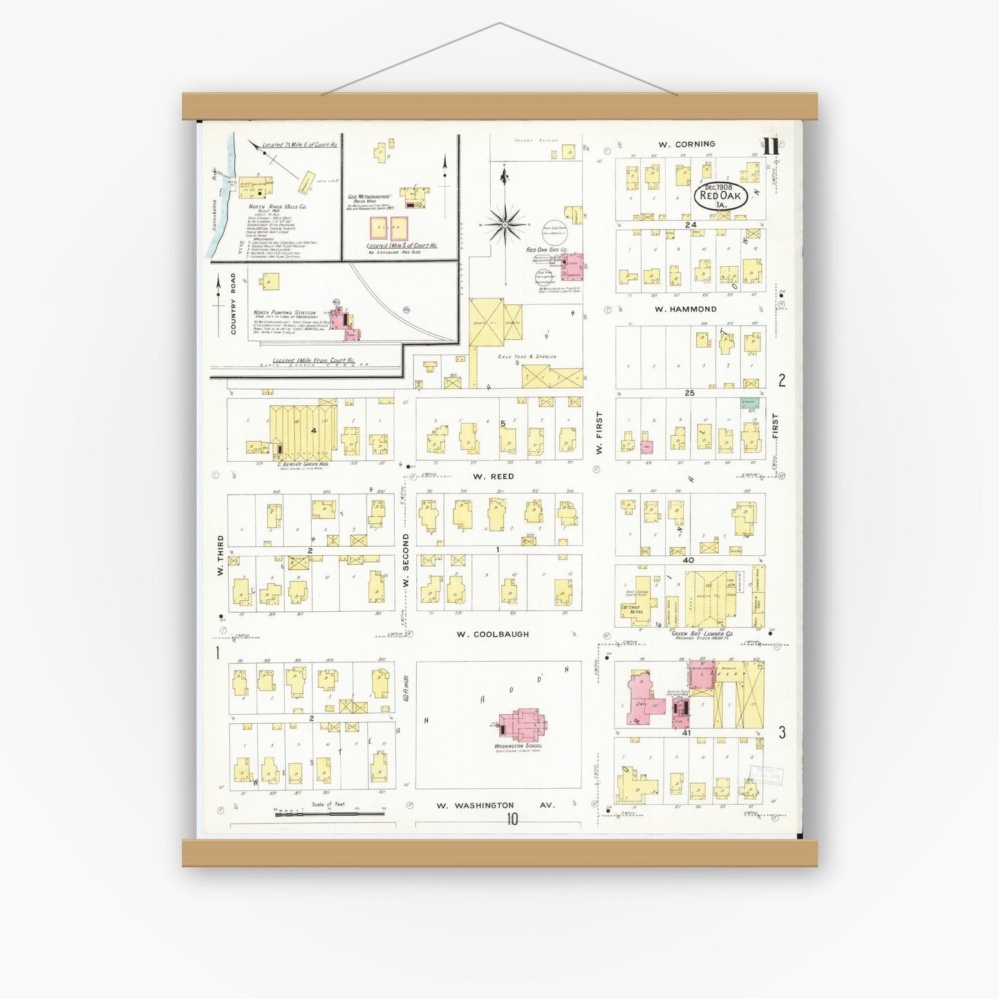 Old map wall art mockup — magnetic wood frame on white wall — Sanborn Fire Insurance Map from Red Oak, Montgomery County, Iowa (1908), Sheet #0011