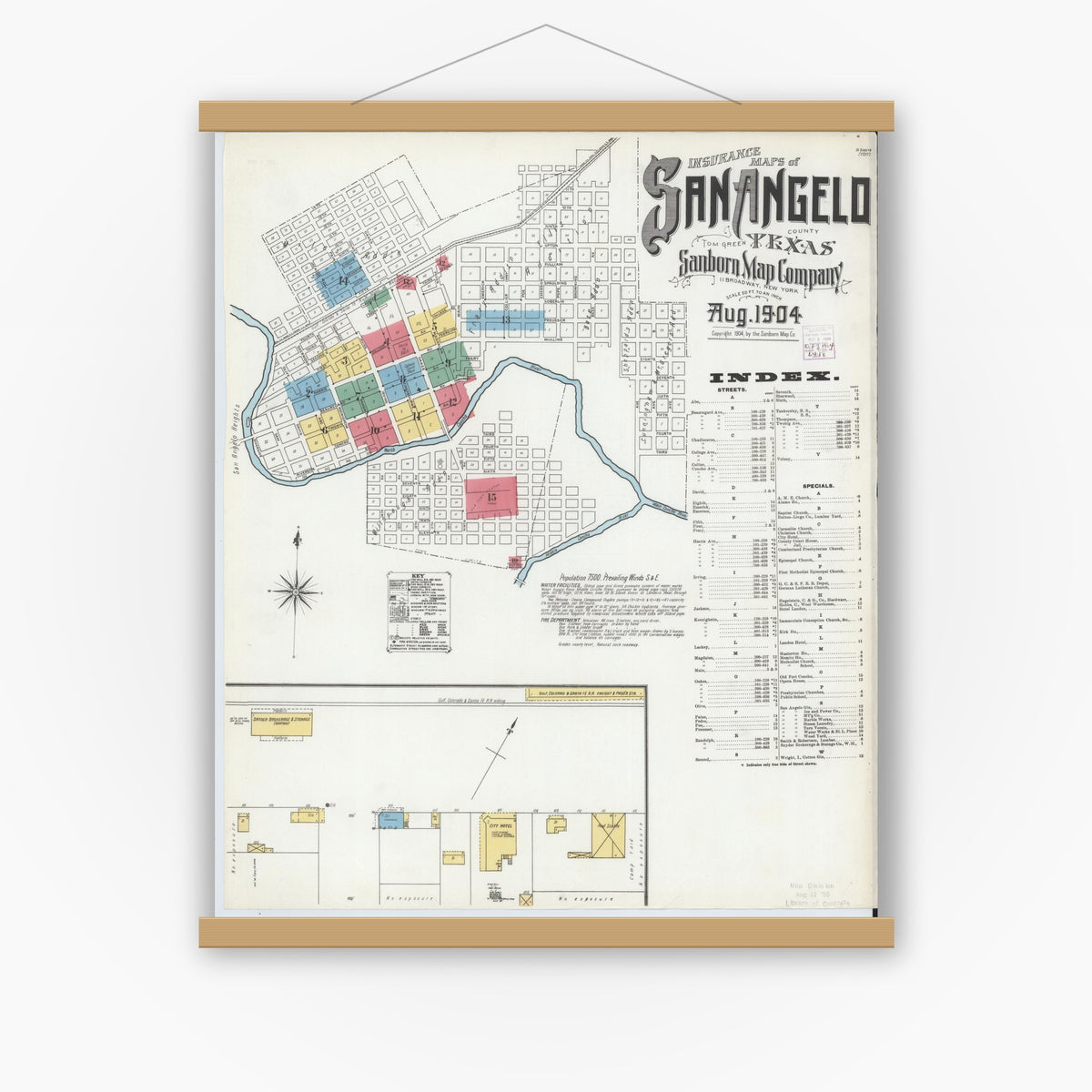 Old map wall art mockup — magnetic wood frame on white wall — Sanborn Fire Insurance Map from San Angelo, Tom Green County, Texas (1904) - Complete Map Set