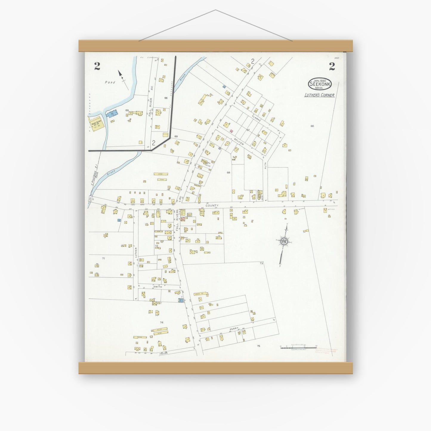 Old map wall art mockup — magnetic wood frame on white wall — Sanborn Fire Insurance Map from Seekonk, Bristol County, Massachusetts (1930), Sheet #0002