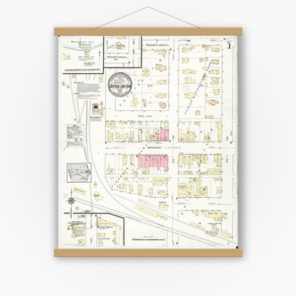 Old map wall art mockup — magnetic wood frame on white wall — Sanborn Fire Insurance Map from Oxford Junction, Jones County, Iowa (1914), Sheet #0001