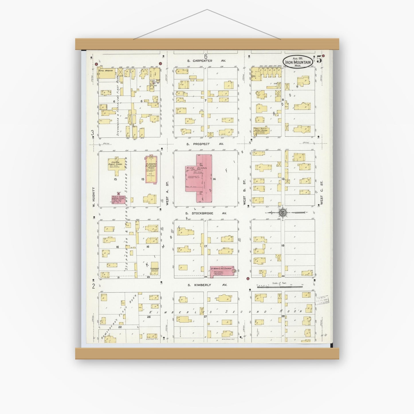 Old map wall art mockup — magnetic wood frame on white wall — Sanborn Fire Insurance Map from Iron Mountain, Dickinson County, Michigan (1911), Sheet #0005