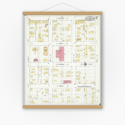 Old map wall art mockup — magnetic wood frame on white wall — Sanborn Fire Insurance Map from Iron Mountain, Dickinson County, Michigan (1911), Sheet #0005