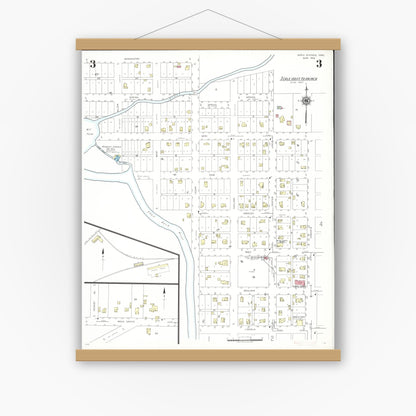 Old map wall art mockup — magnetic wood frame on white wall — Sanborn Fire Insurance Map from Nora Springs, Floyd County, Iowa (1942), Sheet #0003