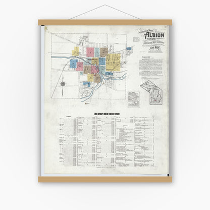 Old map wall art mockup — magnetic wood frame on white wall — Sanborn Fire Insurance Map from Albion, Calhoun County, Michigan (1918), Sheet #0001