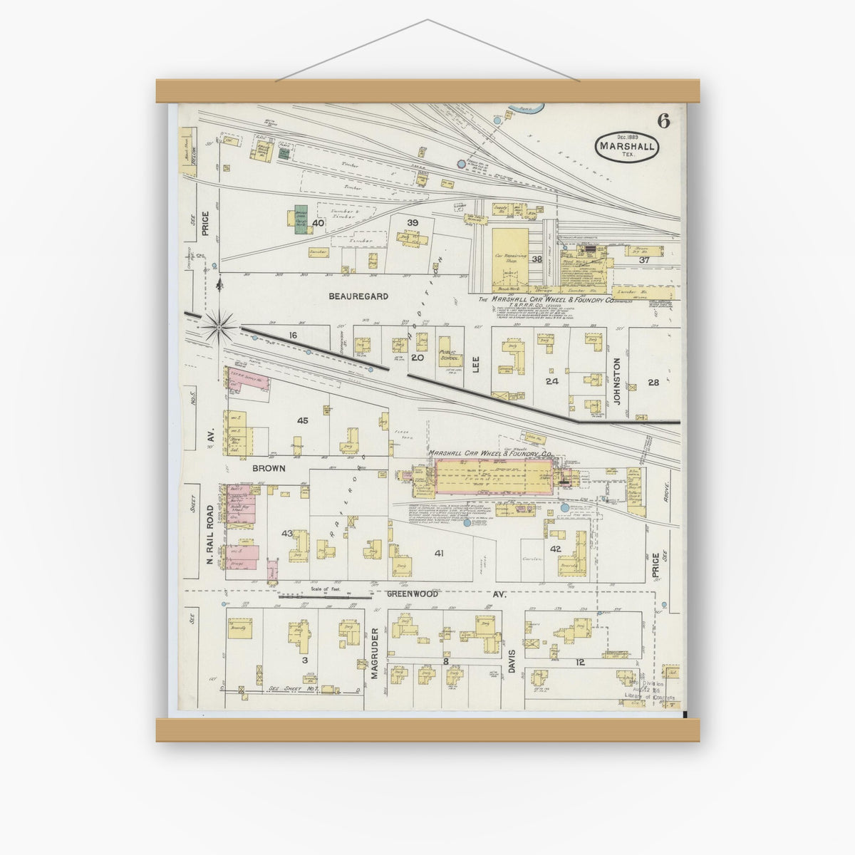 Old map wall art mockup — magnetic wood frame on white wall — Sanborn Fire Insurance Map from Marshall, Harrison County, Texas (1889), Sheet #0006