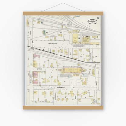 Old map wall art mockup — magnetic wood frame on white wall — Sanborn Fire Insurance Map from Marshall, Harrison County, Texas (1889), Sheet #0006