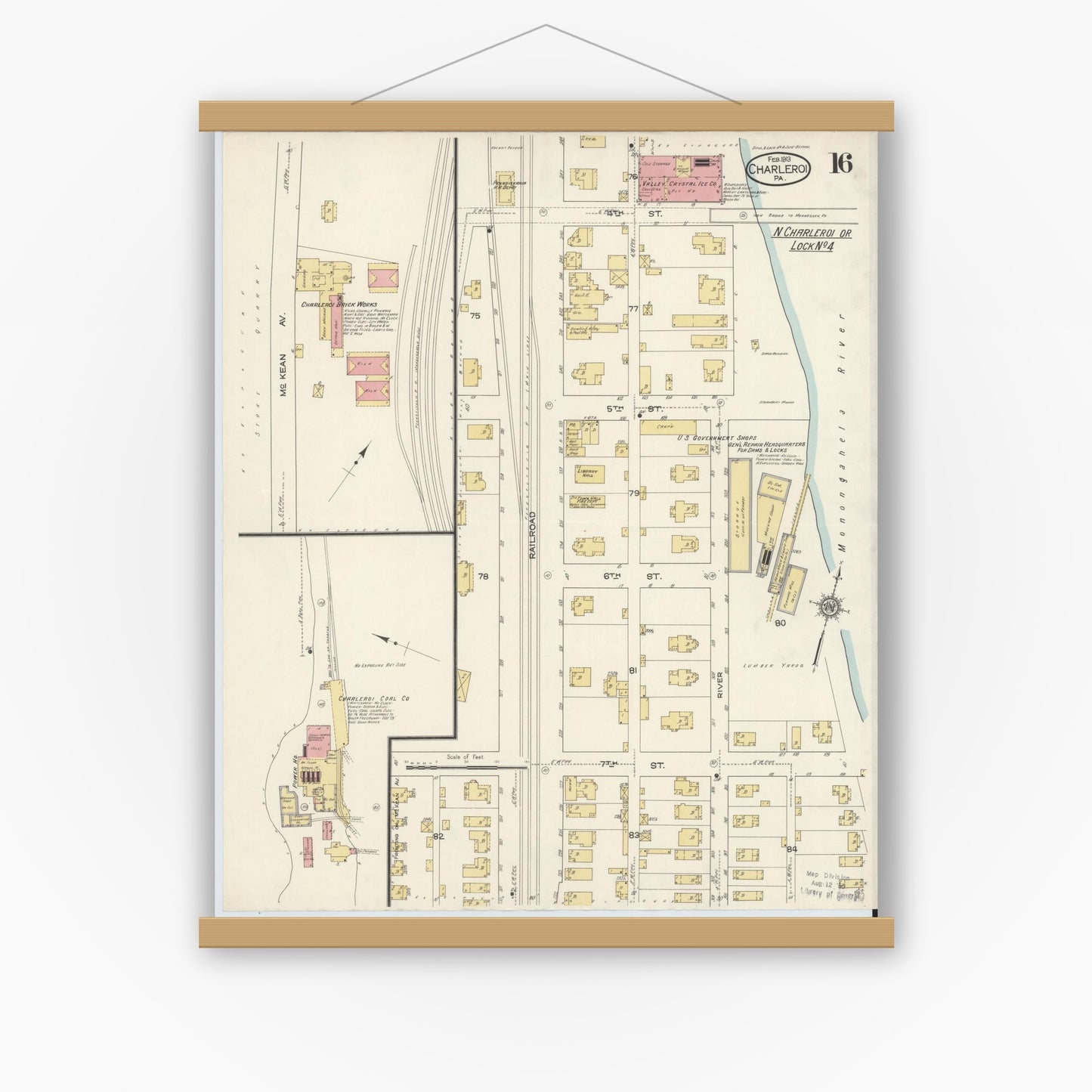 Old map wall art mockup — magnetic wood frame on white wall — Sanborn Fire Insurance Map from Charleroi, Washington County, Pennsylvania (1913), Sheet #0016