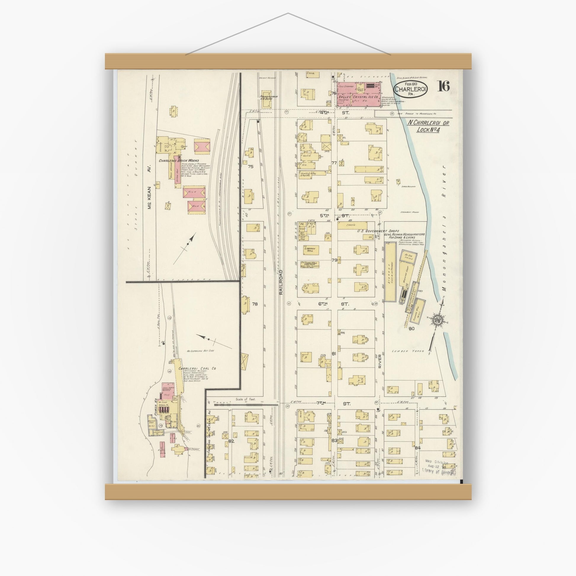 Old map wall art mockup — magnetic wood frame on white wall — Sanborn Fire Insurance Map from Charleroi, Washington County, Pennsylvania (1913), Sheet #0016