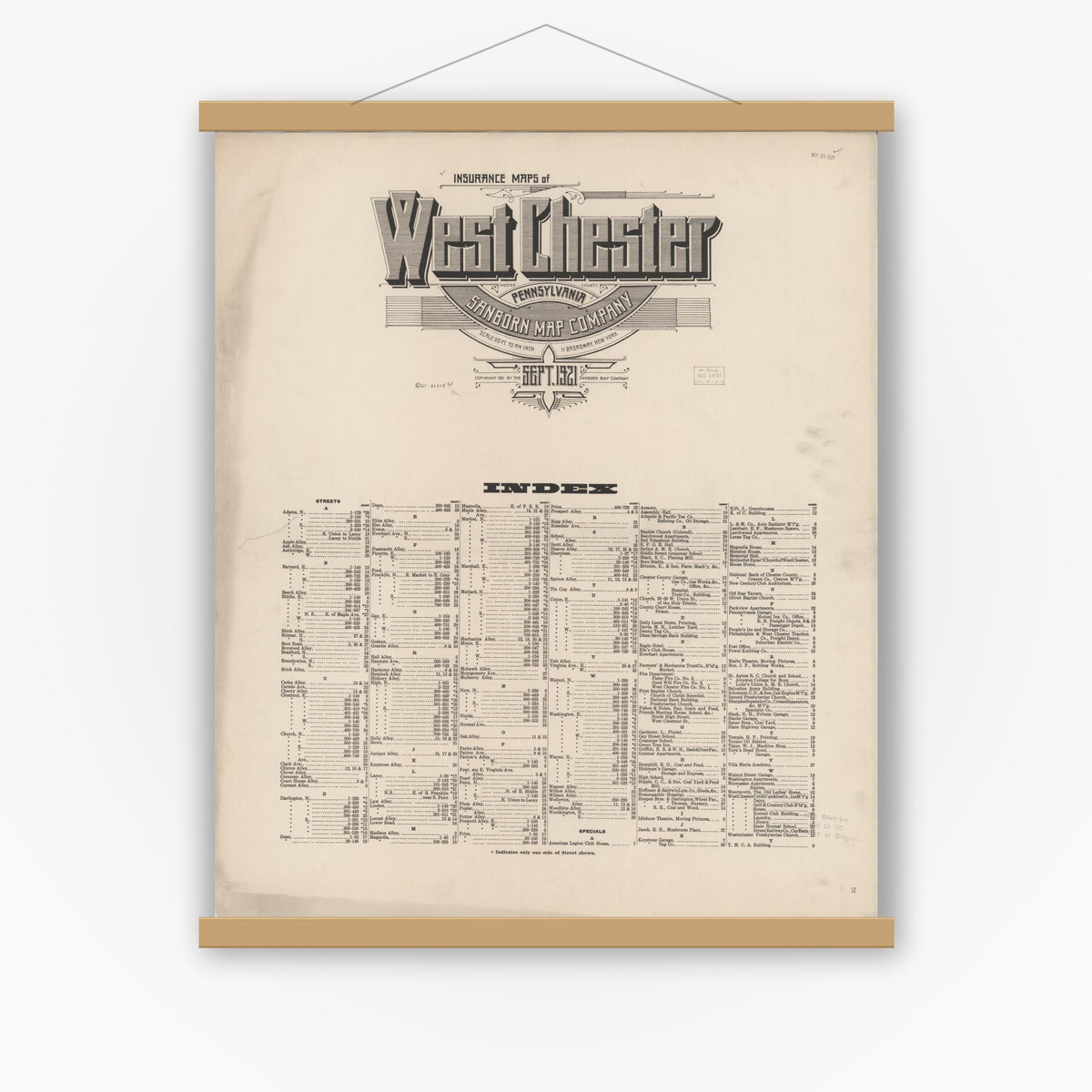Old map wall art mockup — magnetic wood frame on white wall — Sanborn Fire Insurance Map from West Chester, Chester County, Pennsylvania (1921), Sheet #0001