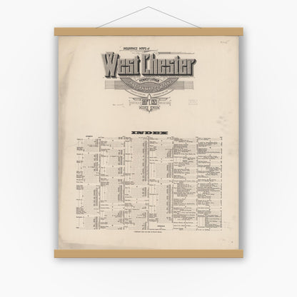 Old map wall art mockup — magnetic wood frame on white wall — Sanborn Fire Insurance Map from West Chester, Chester County, Pennsylvania (1921), Sheet #0001
